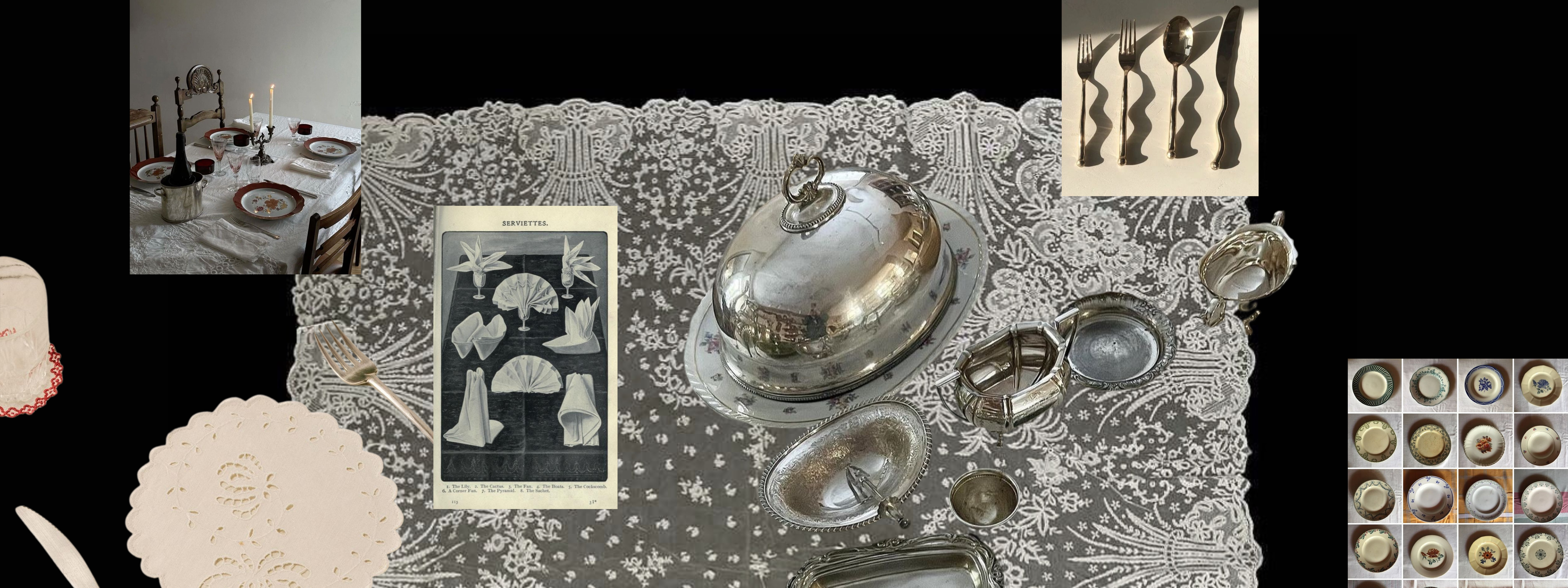 Collage of silver platters, a card with figures, and decorative elements on a textured surface.