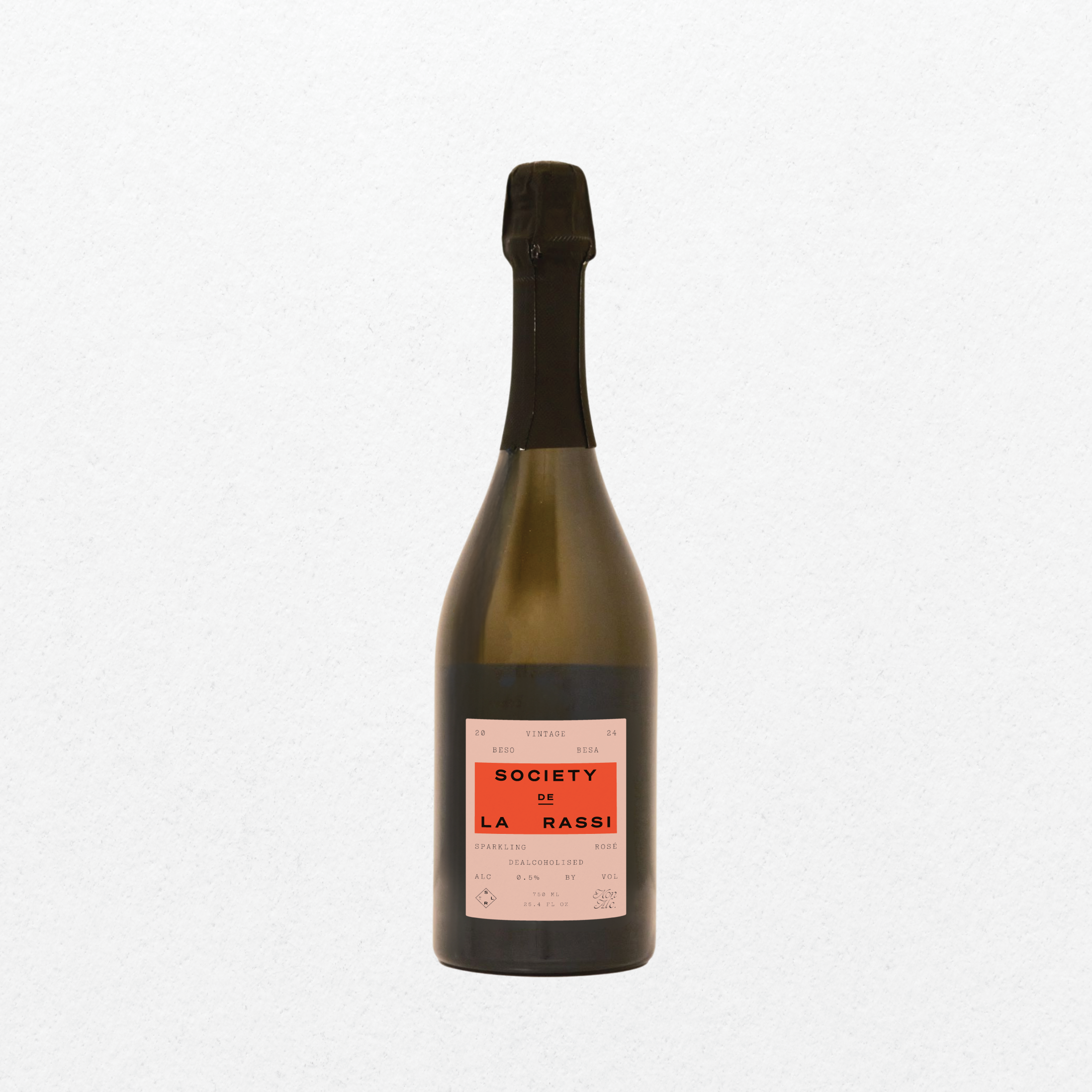 Bottle of Society de la Rassi NA sparkling Rosè on a white background