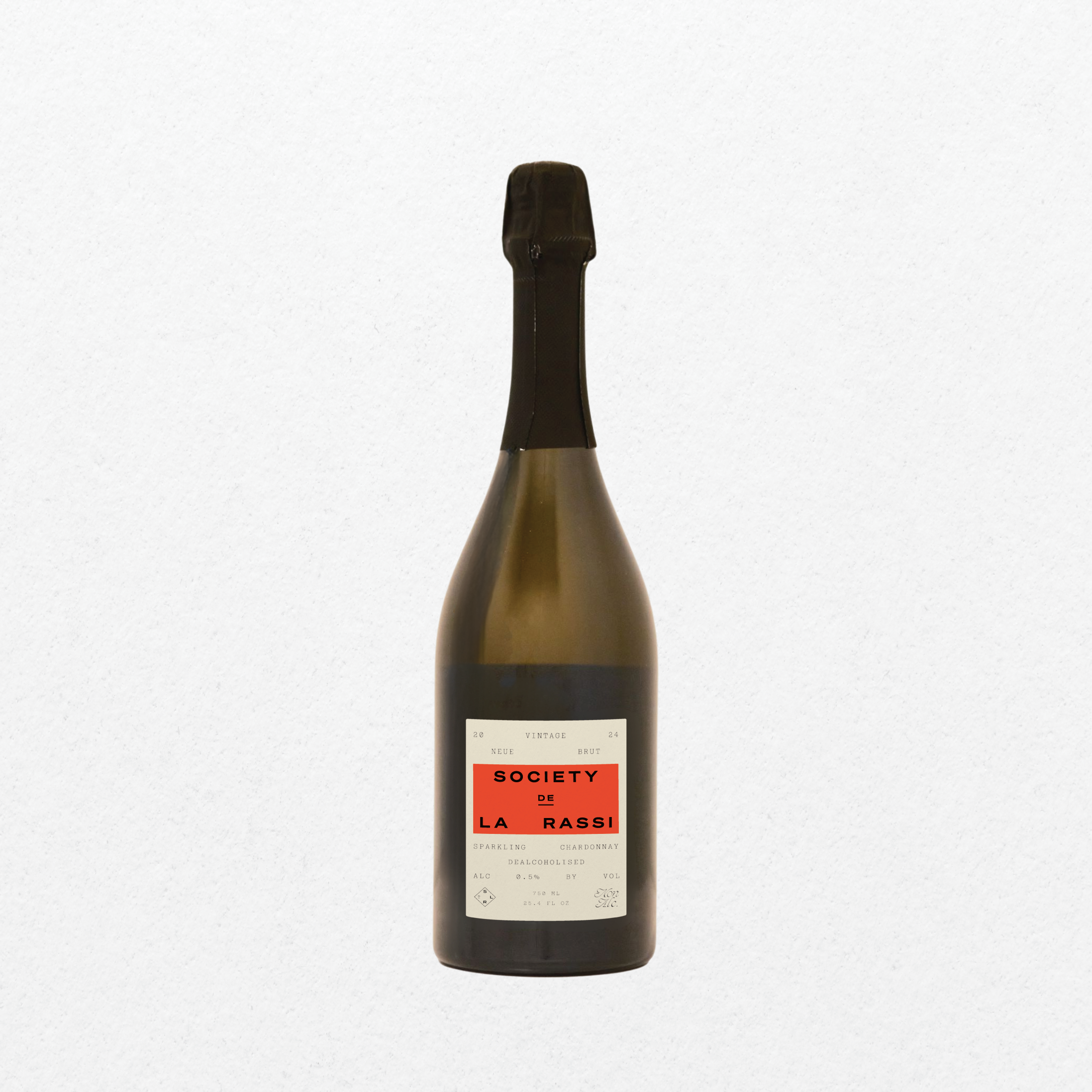 Bottle of Society de la Rassi NA sparkling chardonnay on a white background