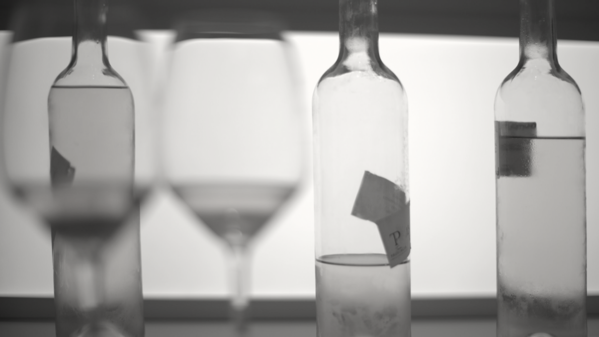 Two wine bottles and two wine glasses on a reflective surface with a blurred background