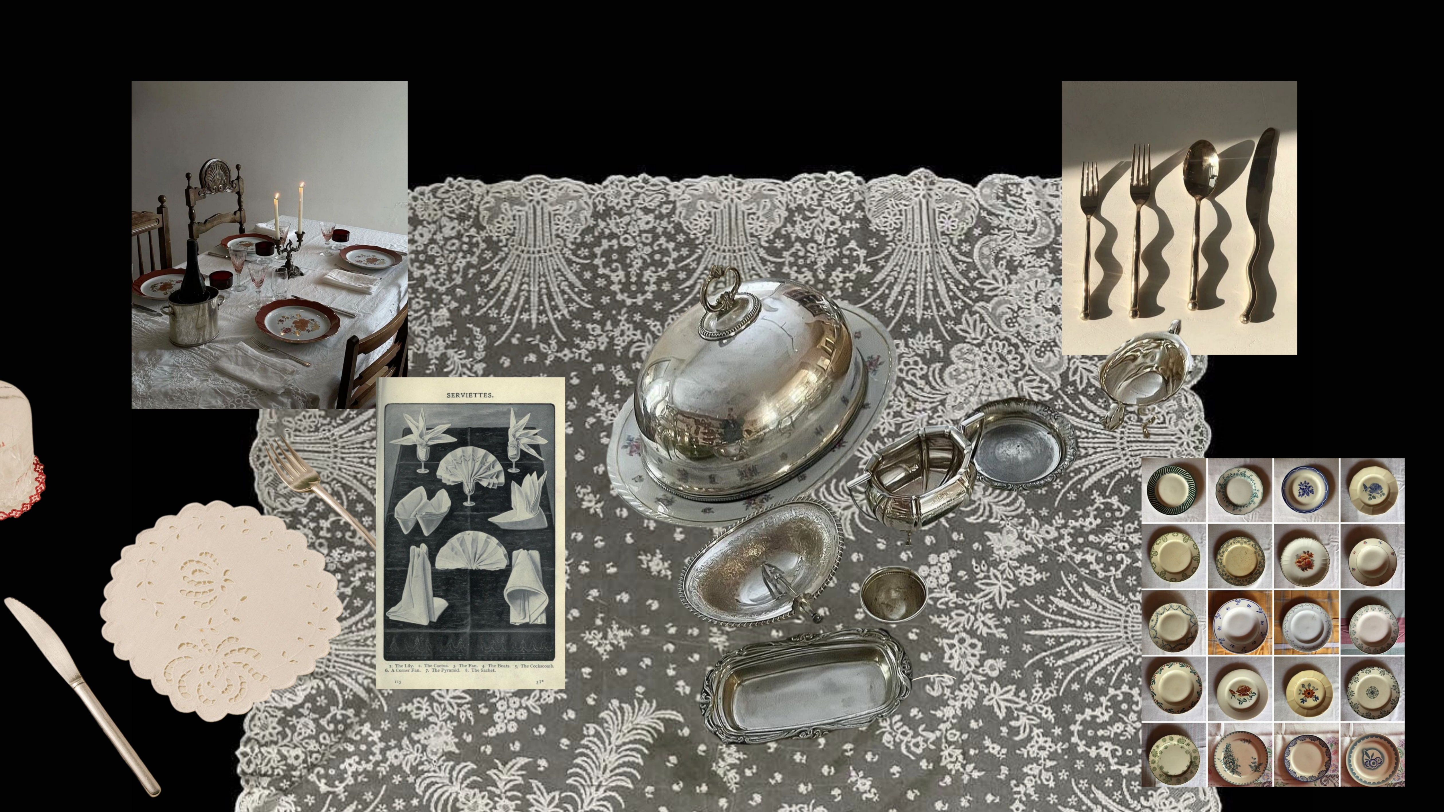 Collection of silverware and table settings on a patterned tablecloth with additional images of silver items.